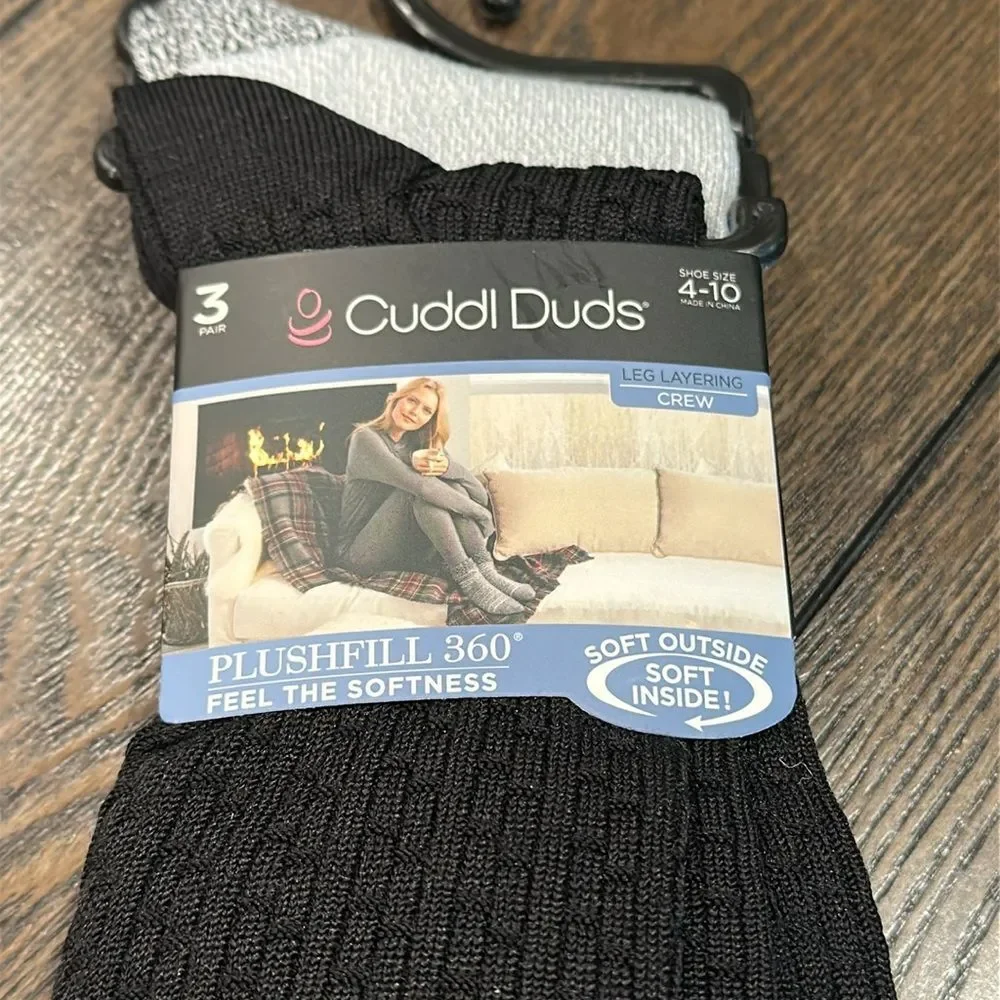 Cuddl Duds Plushfill 3-Pack Midweight Scallop Crew Socks NEW Black